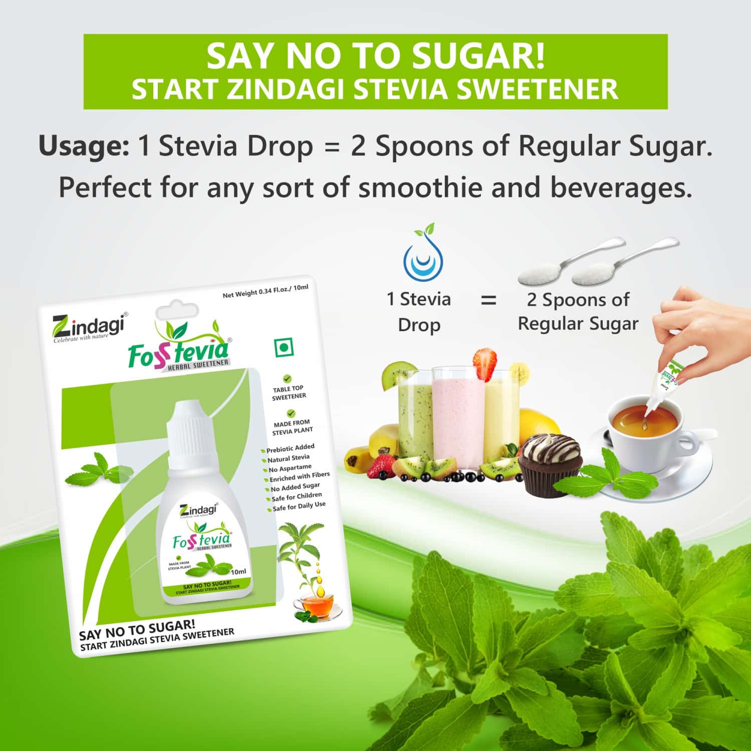 Buy ZINDAGI FOSSTEVIA LIQUID SUGARFREE STEVIA LEAVES EXTRACT NATURAL