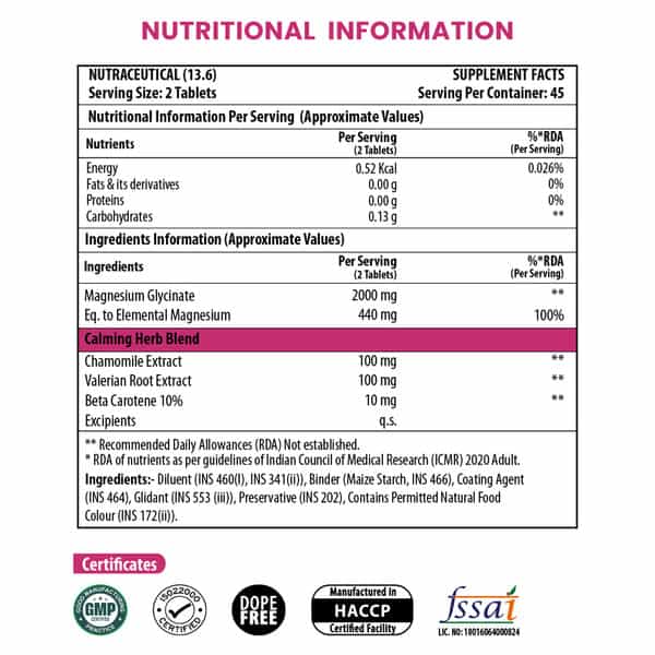 Naturyz Triple Strength Magnesium Glycinate 2000Mg With Calming Herbs - 90 Tablets