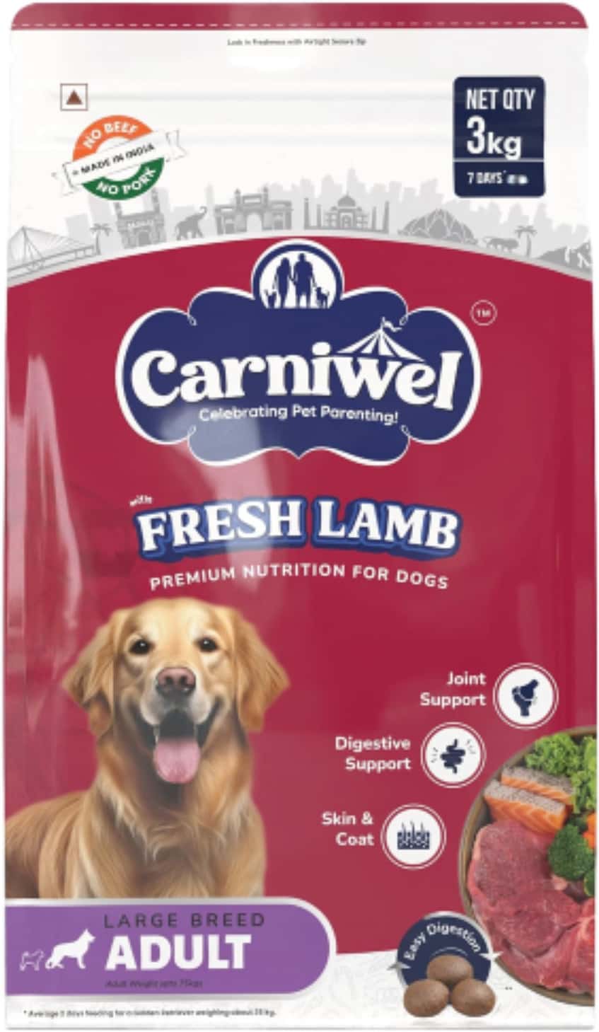 Carniwel Fresh Lamb Adult Dry Dog Food 3 Kg | Natural Ingredients Large Dog