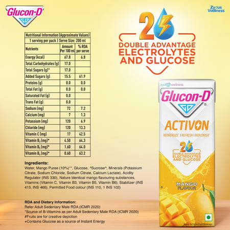 Glucon-D Activon | Electrolyte Energy Drink | Mango Flavour | 200ml