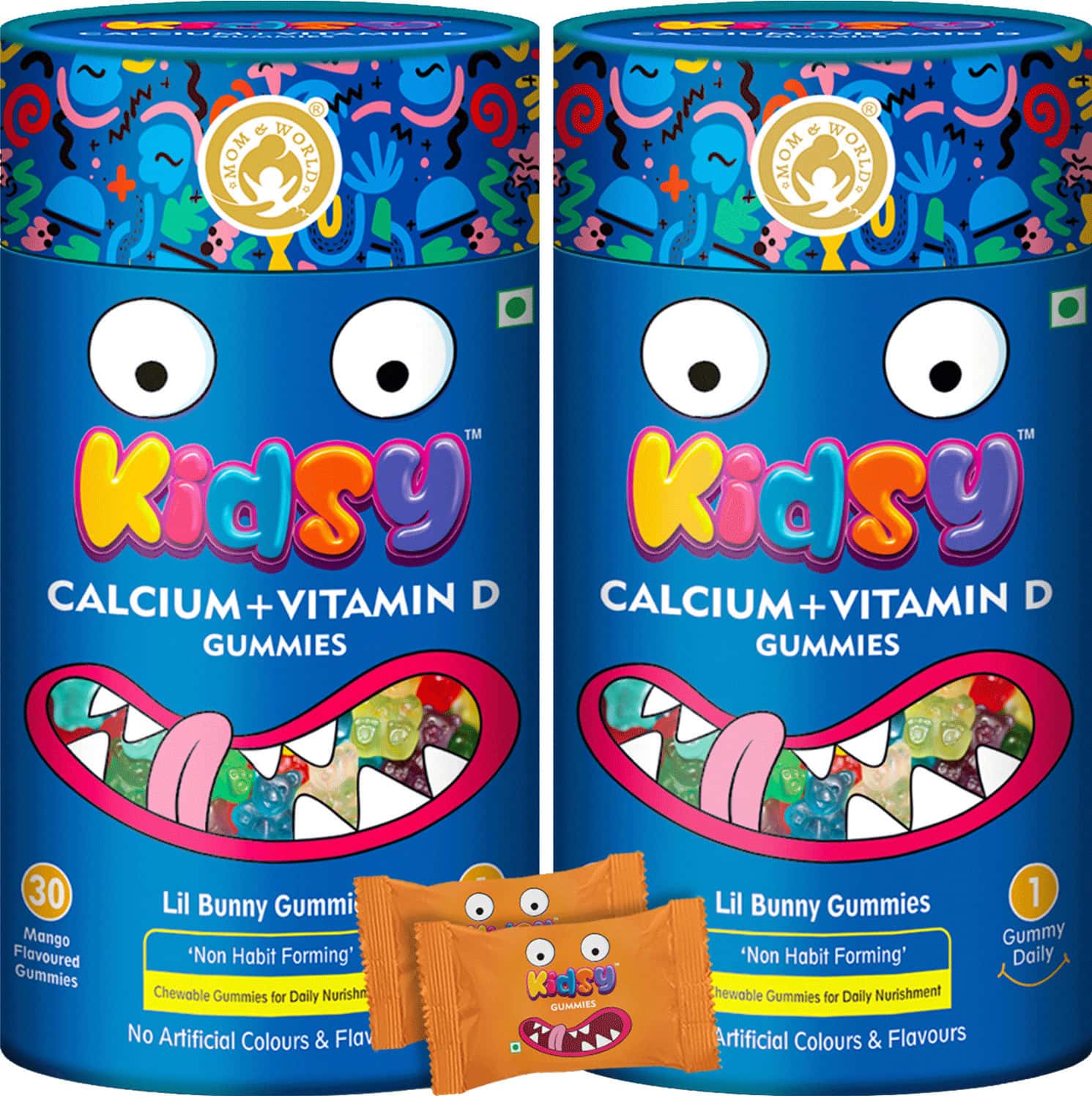 Mom & World Kidsy Calcium + Vitamin D Gummies For Kids- 30 (Mango Flavoured) (Pack Of 2)