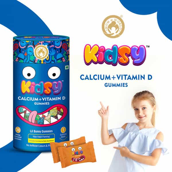 Mom & World Kidsy Calcium + Vitamin D Gummies For Kids- 30 (Mango Flavoured) (Pack Of 2)