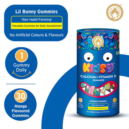 Mom & World Kidsy Calcium + Vitamin D Gummies For Kids- 30 (Mango Flavoured) (Pack Of 2)