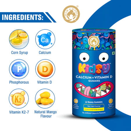Mom & World Kidsy Calcium + Vitamin D Gummies For Kids- 30 (Mango Flavoured) (Pack Of 2)