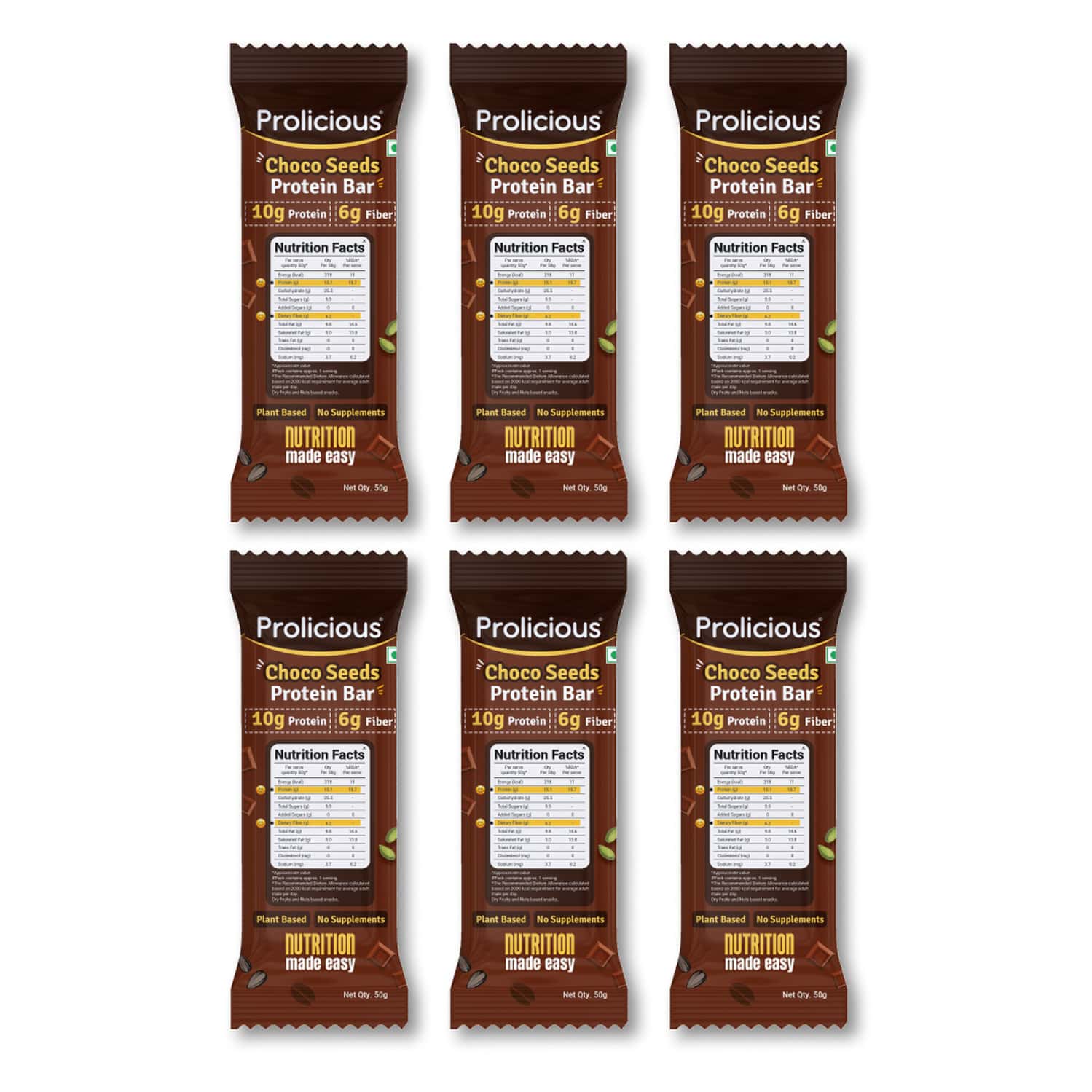 Prolicious Choco Seeeds 10g Protein & 4g Fiber | No Refined Sugar | Plant Based - 50g (Pack Of 6)