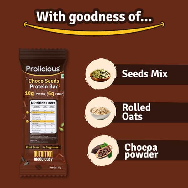 Prolicious Choco Seeeds 10G Protein & 4G Fiber | No Refined Sugar | Plant Based - 50G (Pack Of 6)