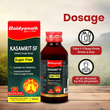 Baidyanath Kasamrit Sugar Free | Herbal Cough Syrup With Tulsi Mulethi Pippal & 9 Herbs - 200ml