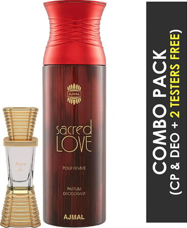 Ajmal Aura Cp Oil Alcohol-Free Attar 10ml For Unisex And Sacred Love Deodorant 200ml For Women