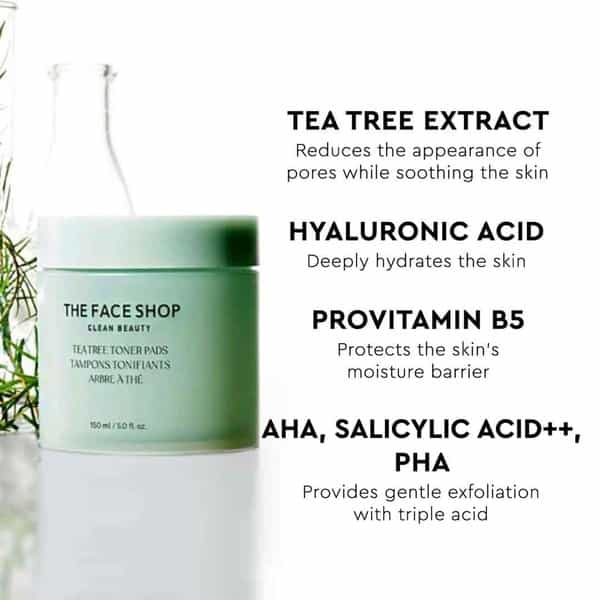 The Face Shop Tea Tree Korean Toner Pads | Aha Bha Pha Hyaluronic Acid | Acne & Oily Skin - 150Ml