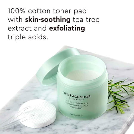 The Face Shop Tea Tree Korean Toner Pads | Aha Bha Pha Hyaluronic Acid | Acne & Oily Skin - 150ml