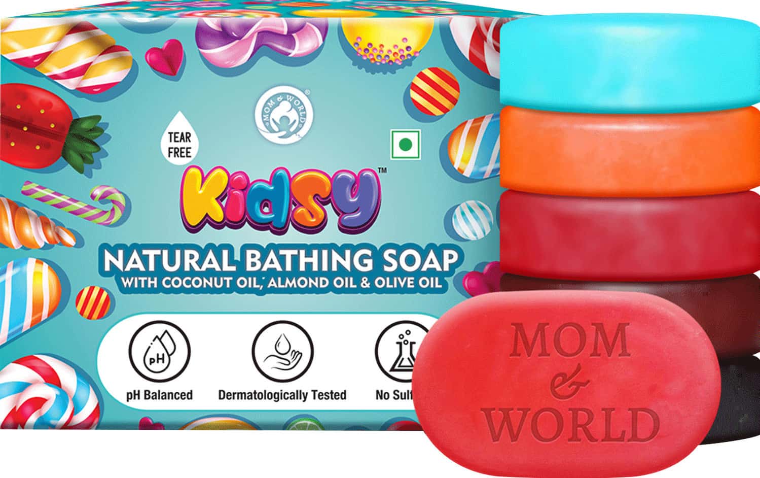 Mom & World Kidsy 5 In 1 Natural Bathing Soap For Kids (Bath Soap) - 75g Each X 5