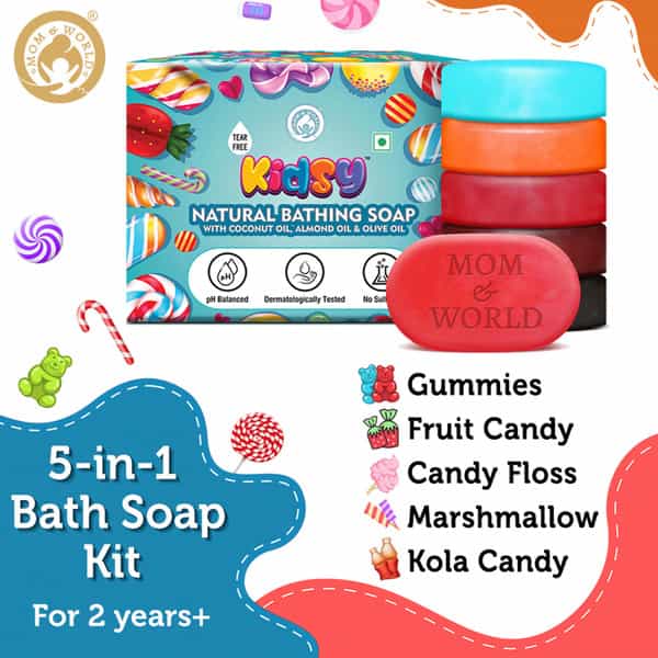 Mom & World Kidsy 5 In 1 Natural Bathing Soap For Kids (Bath Soap) - 75G Each X 5