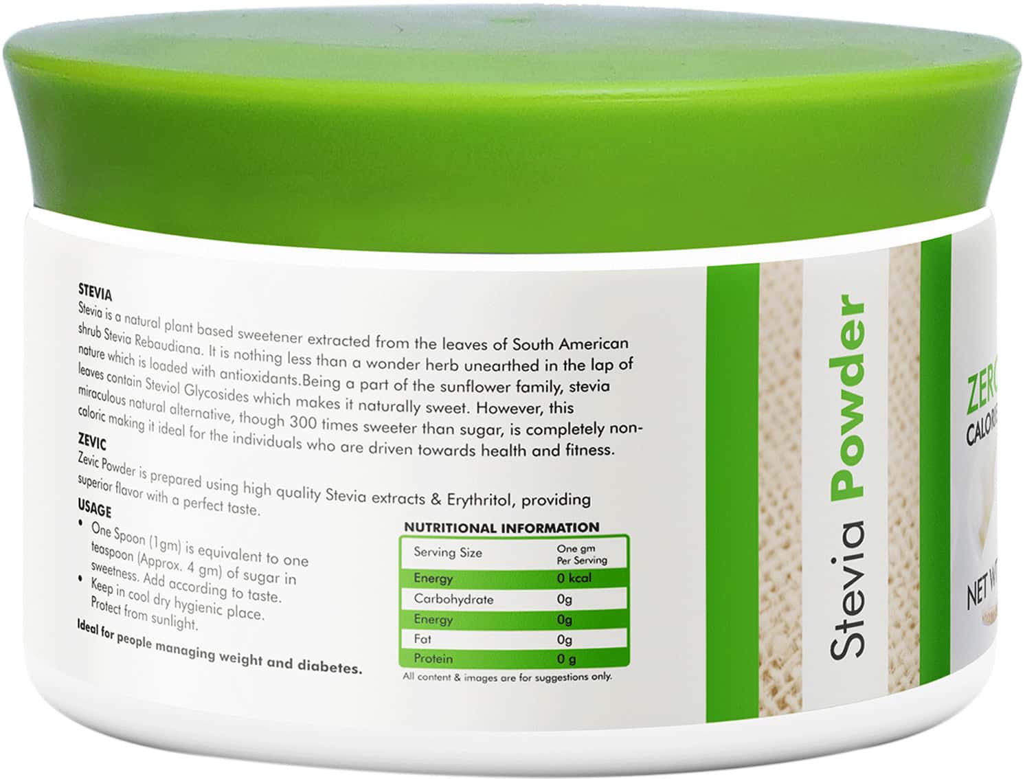 Buy ZEVIC STEVIA POWDER SUGAR FREE ZERO CALORIE 100 GM JAR Online