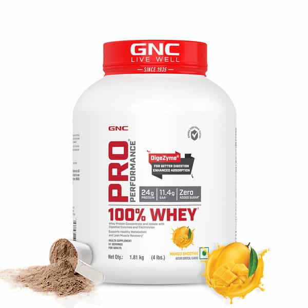 Gnc Pro Performance 100% Whey Protein Powder, 1.8 Kg | 24G Protein, 5.5 Grams Bcaa | Mango Smoothie