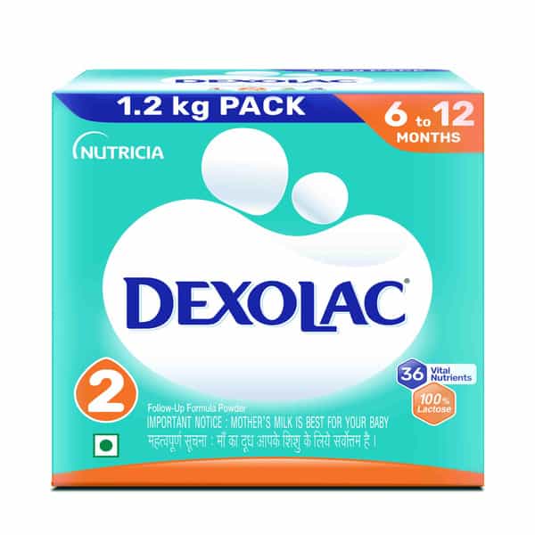Dexolac Follow Up Formula Powder Stage 2 (6 To 12 Months) | 100% Lactose & 36 Vital Nutrients 1.2 Kg