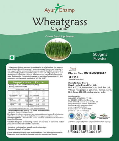 Ayur Champ - Pack Of 2 -Organic Wheatgrass Powder - 1 Kg Value Pack