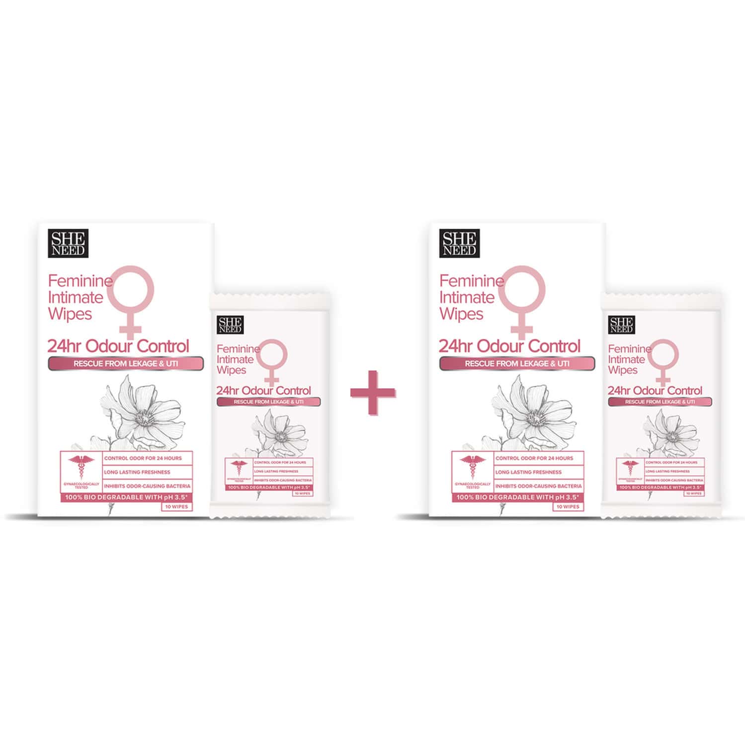 Sheneed Feminine Intimate 24hr Odour Control Wipes - 10n (Pack Of 2)