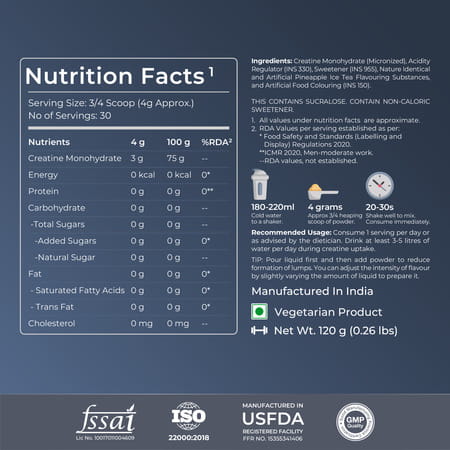 Nutrabay Gold Micronised Creatine Monohydrate Powder | Nabl Lab Tested | 3g/Serving - 120g Pineapple
