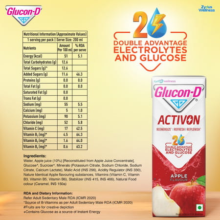 Glucon-D Activon | Electrolyte Energy Drink | Apple Flavour | 200ml