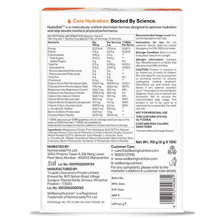 Wellbeing Nutrition Hydrasalt Electrolyte Drink | No Added Sugar | Orange 90gm (Pack Of 15)