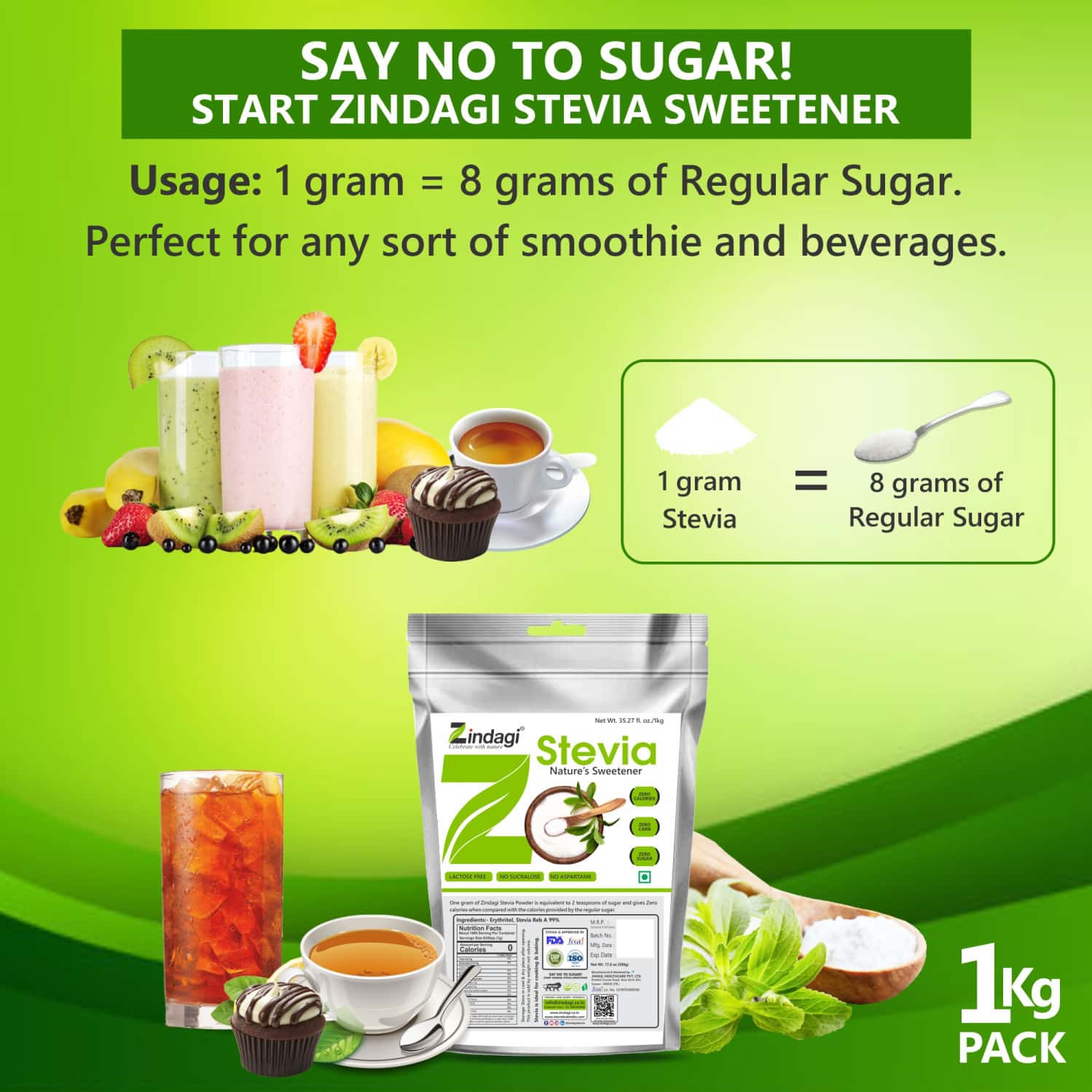 Buy ZINDAGI STEVIA POWDER (REB A 99)EXTRACTSTEVIA NATURAL SUGARFREE