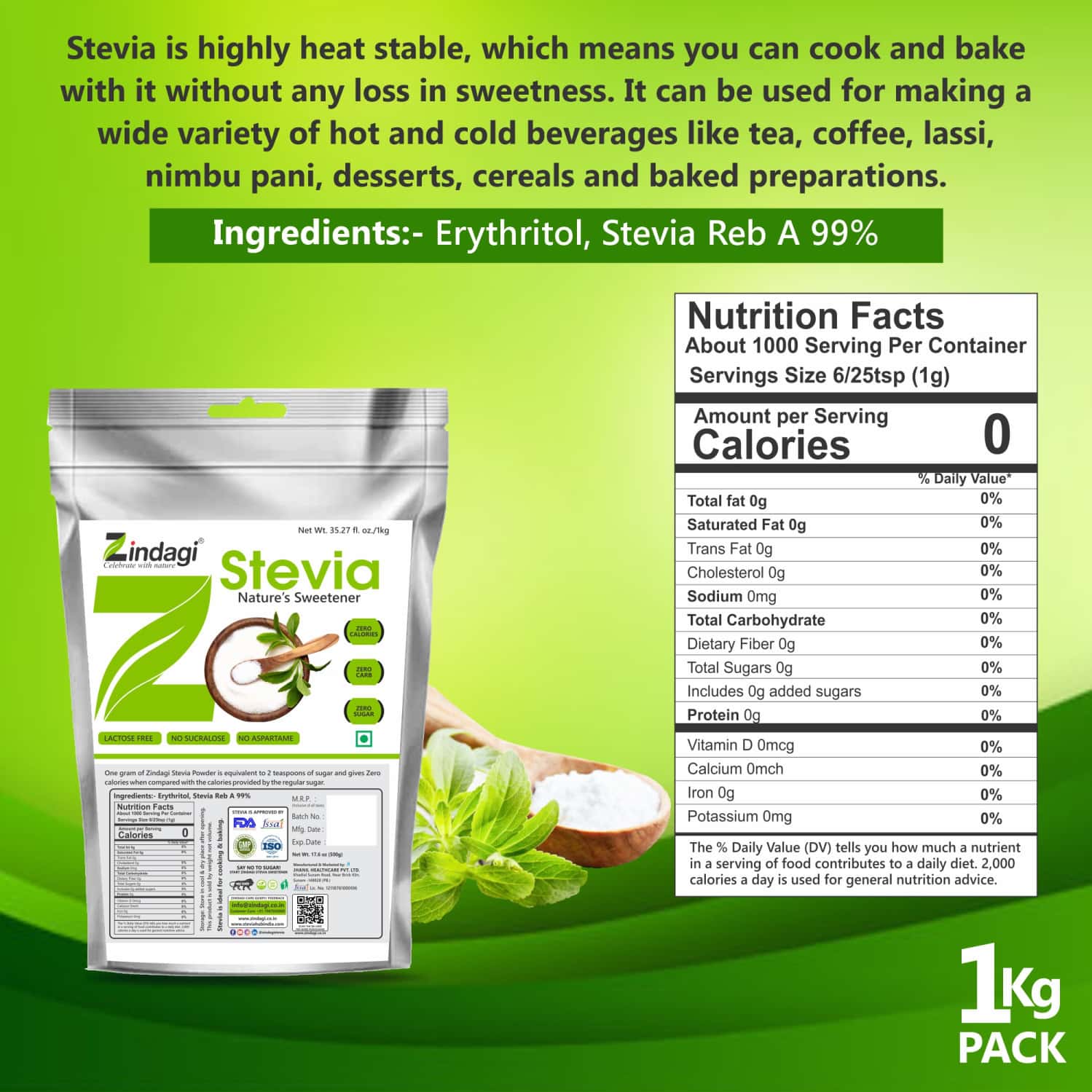 Buy ZINDAGI STEVIA POWDER (REB A 99)EXTRACTSTEVIA NATURAL SUGARFREE