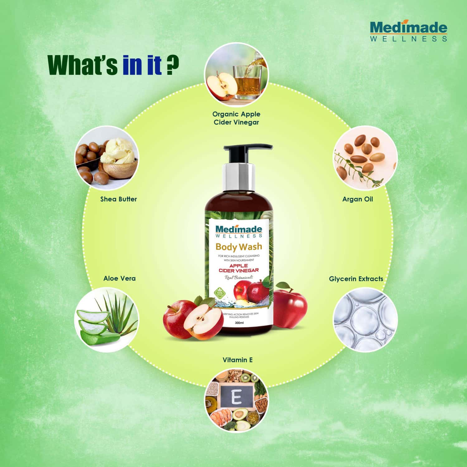 Buy MEDIMADE APPLE CIDER VINEGAR BODY WASH 300 ML Online & Get Upto