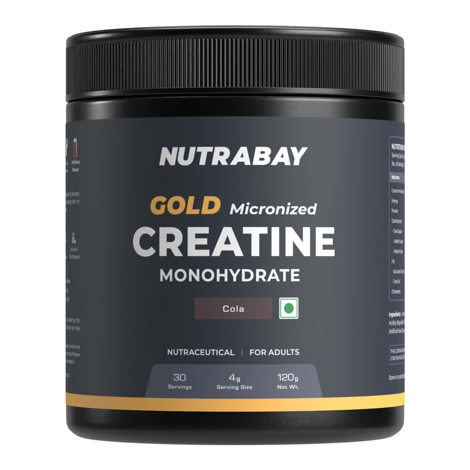 Nutrabay Gold Micronised Creatine Monohydrate Powder | Nabl Lab Tested | 3g/serving - 120g (cola)