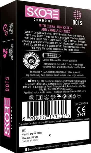 Skore Dotted Condoms With Extra Lubrication And Vanilla Scented (Dots) 10N (Pack Of 4)
