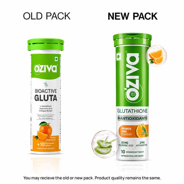 Oziva Bioactive Gluta Fizzy L-Glutathione| Reduces Cellular Damage On Skin - Orange 10 Tabs