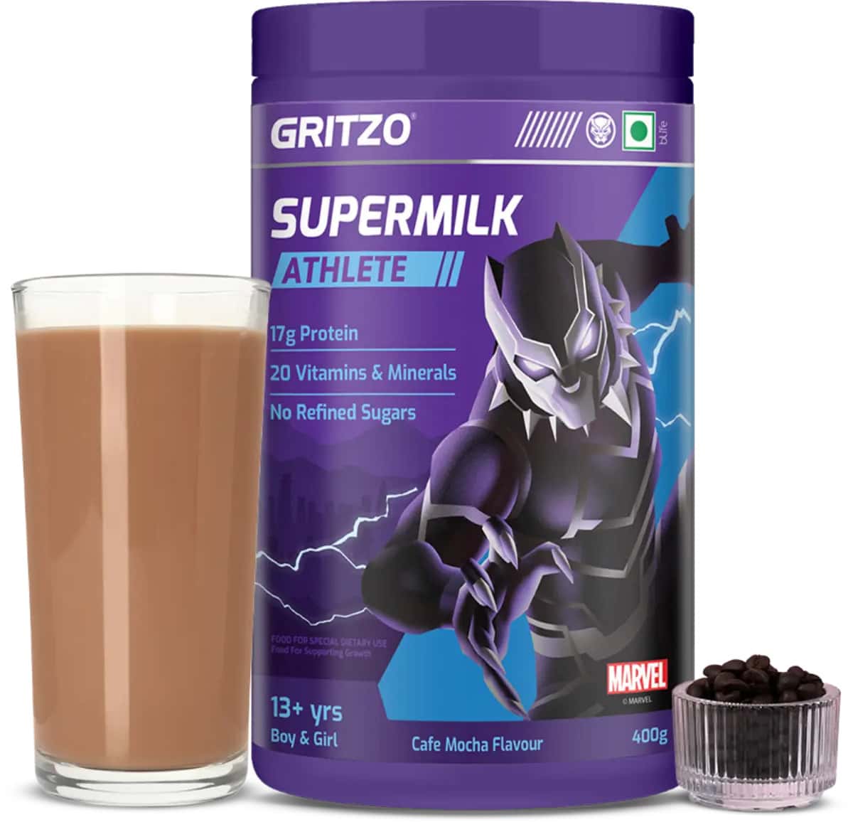 Gritzo Supermilk Athlete Black Panther (13+y Boy & Girl) | 17g Protein Powder (cafe Mocha | 400g)
