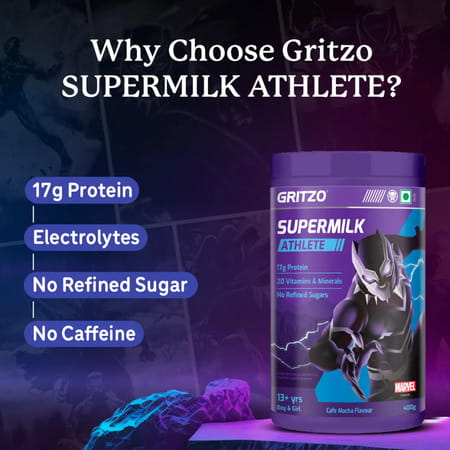 Gritzo Supermilk Athlete Black Panther (13+Y Boy & Girl) | 17G Protein Powder (Cafe Mocha | 400G)