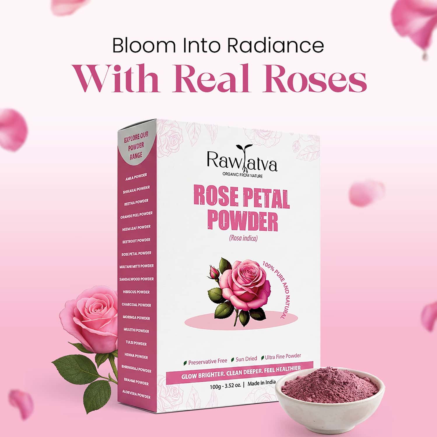 Raw Tatva Rose Petal Powder For Skin Hydration & Natural Radiance | All Skin Types | 100g