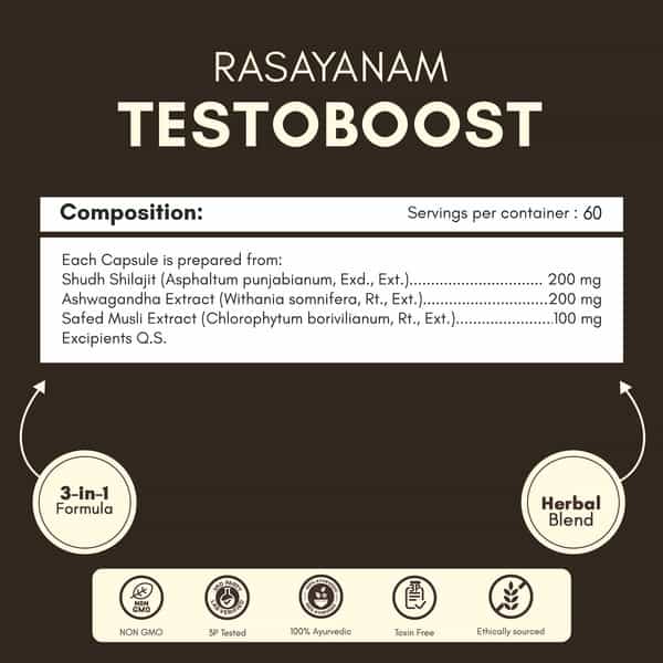 Rasayanam Testoboost For Men | Shilajit | Ashwagandha & Safed Musli (60 Capsules | Pack Of 1)