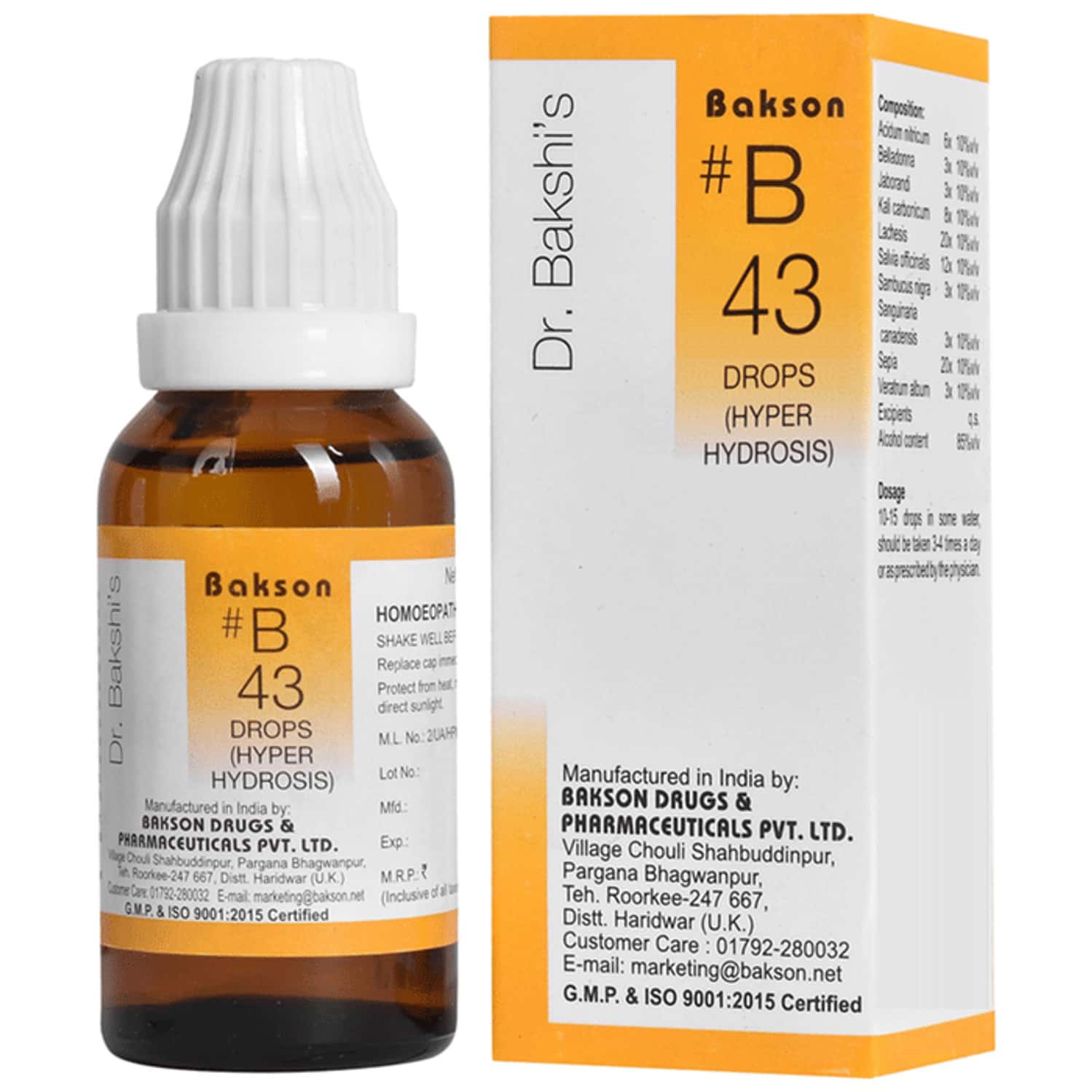 Dr Bakshi's Bakson Homoeopathy B43 Hyper Hydrosis Drops 30 Ml