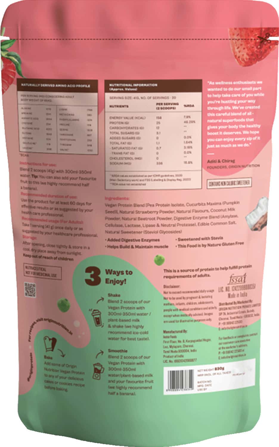 Buy ORIGIN NUTRITION 100 NATURAL PLANT PROTEIN POWDER 830G STRAWBERRY