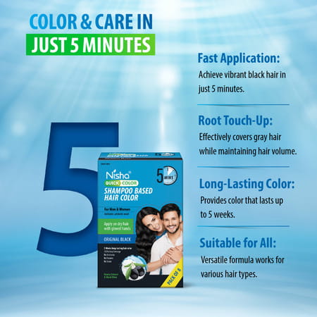 Nisha Quick Hair Color | 5 Minutes Shampoo Hair Colour Original Black 200ml | 5 Weeks Long Lasting