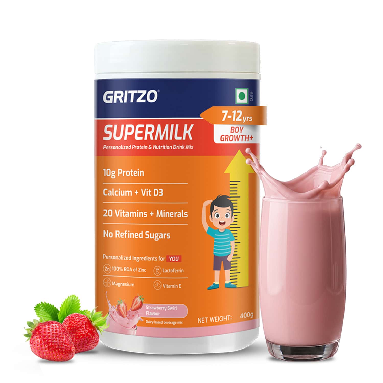 Gritzo Supermilk Growth+ | 7-12y Boys | 10g Protein | Strawberry Swirl | 400 Gm