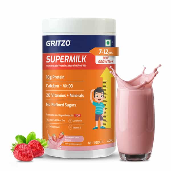 Gritzo Supermilk Growth+ | 7-12Y Boys | 10G Protein | Strawberry Swirl | 400 Gm