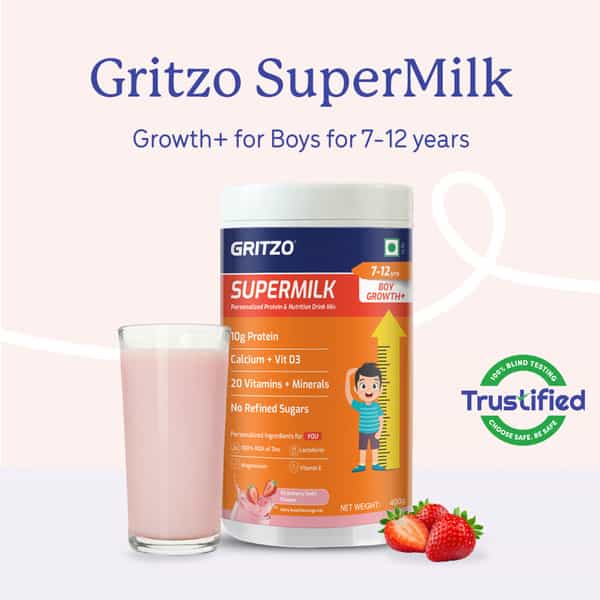 Gritzo Supermilk Growth+ | 7-12Y Boys | 10G Protein | Strawberry Swirl | 400 Gm