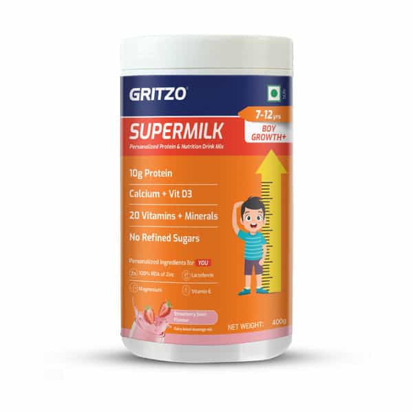 Gritzo Supermilk Growth+ | 7-12Y Boys | 10G Protein | Strawberry Swirl | 400 Gm