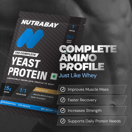 Nutrabay Yeast Protein Powder Cold Coffee 25g Protein & 6.7g Bcaa Per Scoop Sachet 40 Gm