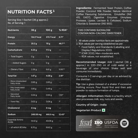 Nutrabay Yeast Protein Powder Cold Coffee 25g Protein & 6.7g Bcaa Per Scoop Sachet 40 Gm