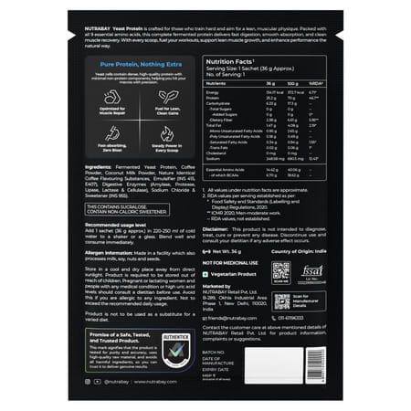 Nutrabay Yeast Protein Powder Cold Coffee 25g Protein & 6.7g Bcaa Per Scoop Sachet 40 Gm