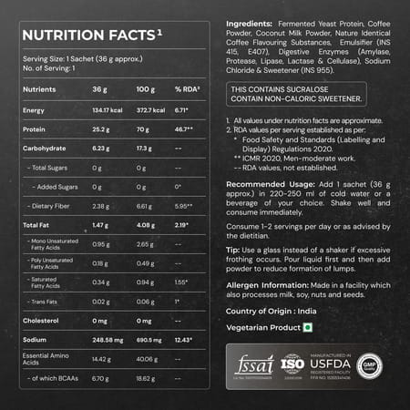 Nutrabay Yeast Protein Powder Cold Coffee 25G Protein & 6.7G Bcaa Per Scoop Sachet 40 Gm