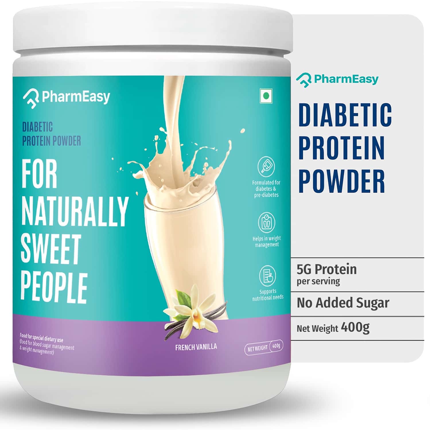 Pharmeasy Diabetic Protein Powder - French Vanilla - Jar | 400 Gm (5 Gm Protein/serving)