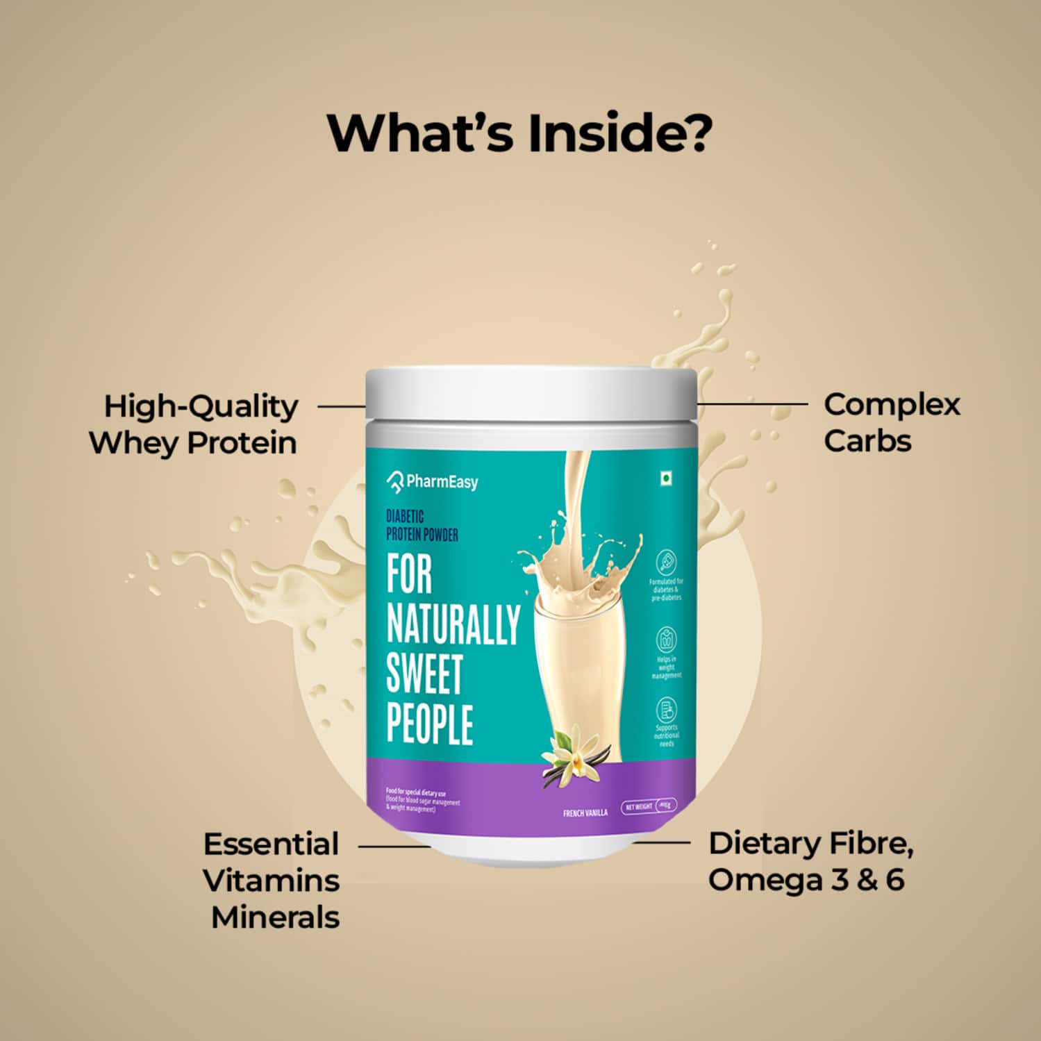 PHARMEASY DIABETIC PROTEIN POWDER | 5 GM PROTEIN/SERVING | FRENCH VANILLA | JAR 400 GM