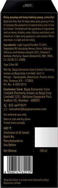 Bajaj Zero Grey Hair Oil Enriched With Onion Helps Fight Greying Of Hair Naturally 100Ml