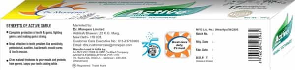 Dr. Morepen Active Smile | Tube | Herbal Toothpaste | 100 Gm