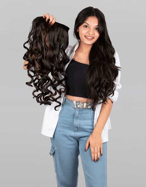 Streak Street Clip-In 24" Step Curl Dark Brown Hair Extensions With Copper Highlights